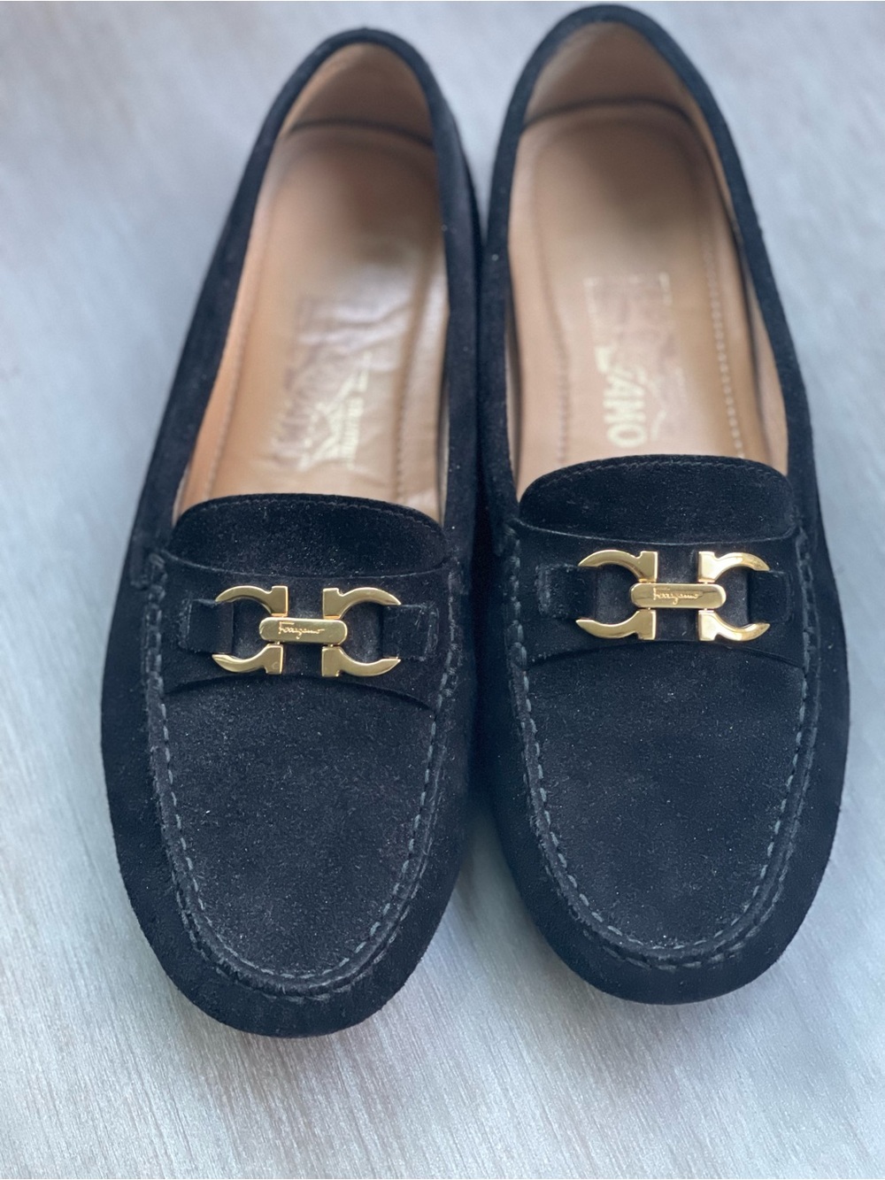 Salvatore Ferragamo Black Suede Loafers with Gold Gancini Hardware
